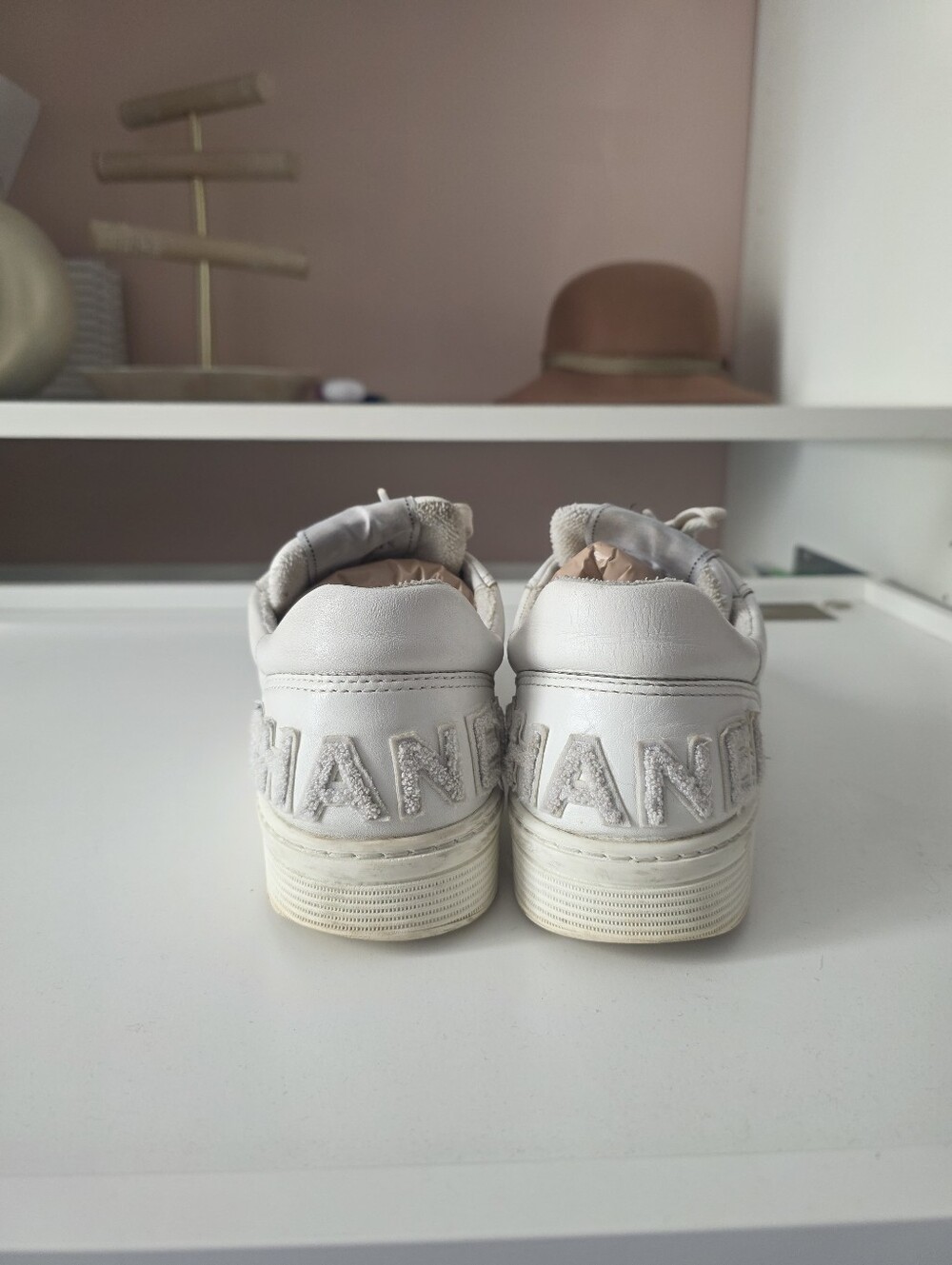 CHANEL White Leather Women's Sneakers with Embroidered CHANEL Heel
